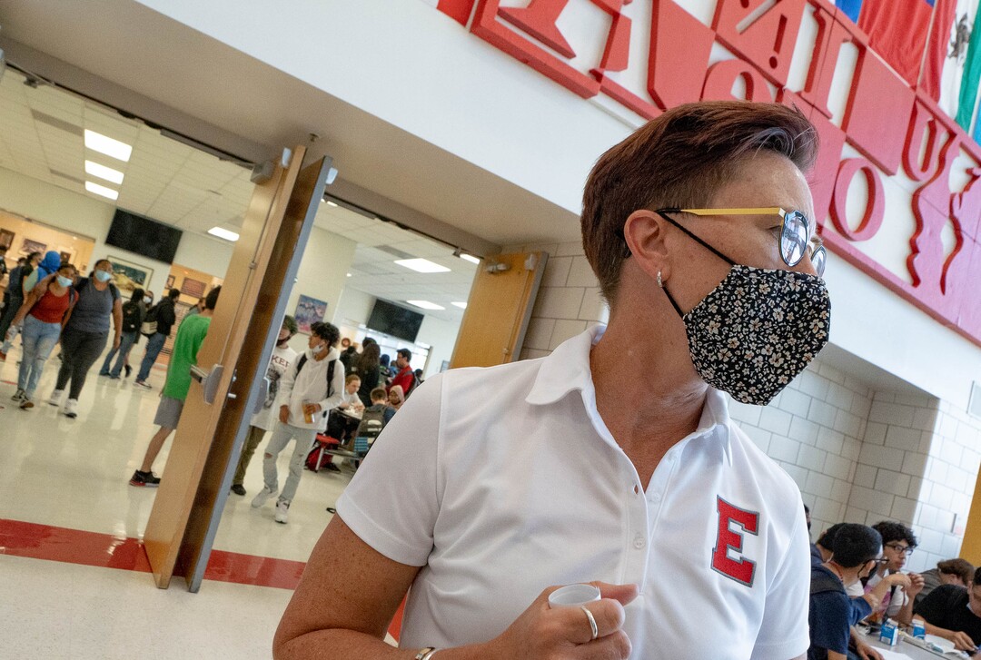 (Francisco Kjolseth | The Salt Lake Tribune) East High School principal Pam Pedersen keeps an eye over the lunch crowd on the first day back of classes on on Tuesday, Aug. 24, 2021.