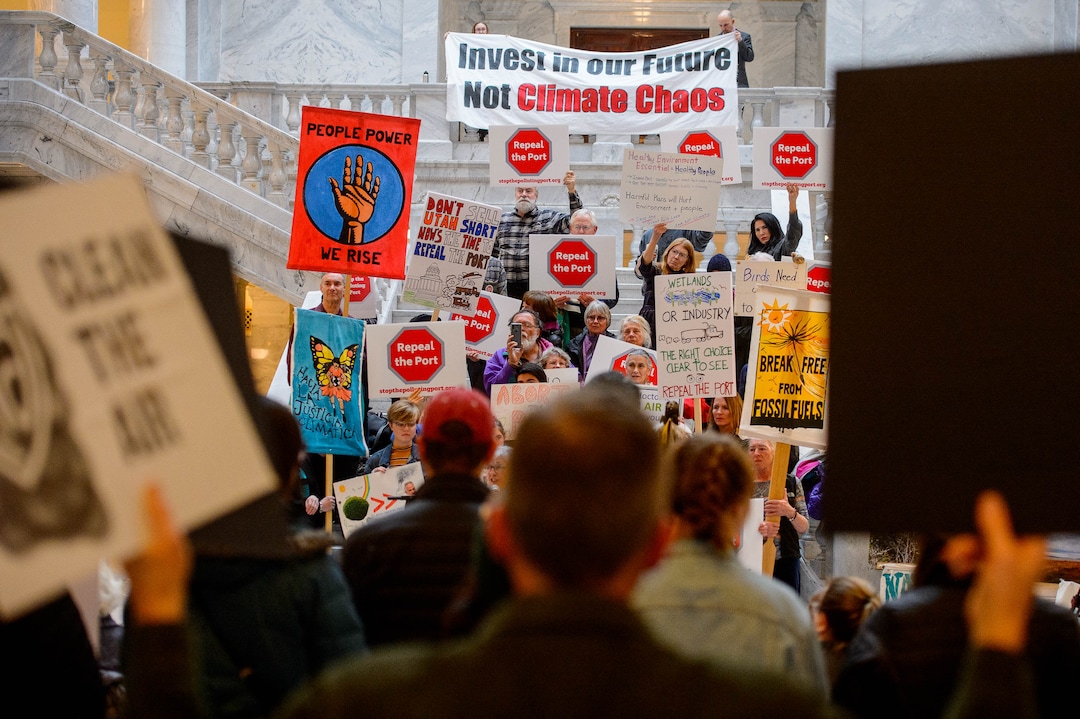 (Trent Nelson  |  The Salt Lake Tribune) A rally against the Inland Port at the state Capitol in Salt Lake City on Monday, Feb. 3, 2020.