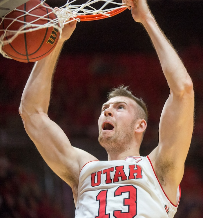 (Rick Egan  |  The Salt Lake Tribune)  Utah Utes forward David Collette (13) dunks the ball, in PAC-12 basketball action at the Jon M. Huntsman Center, Saturday, March 3, 2018.