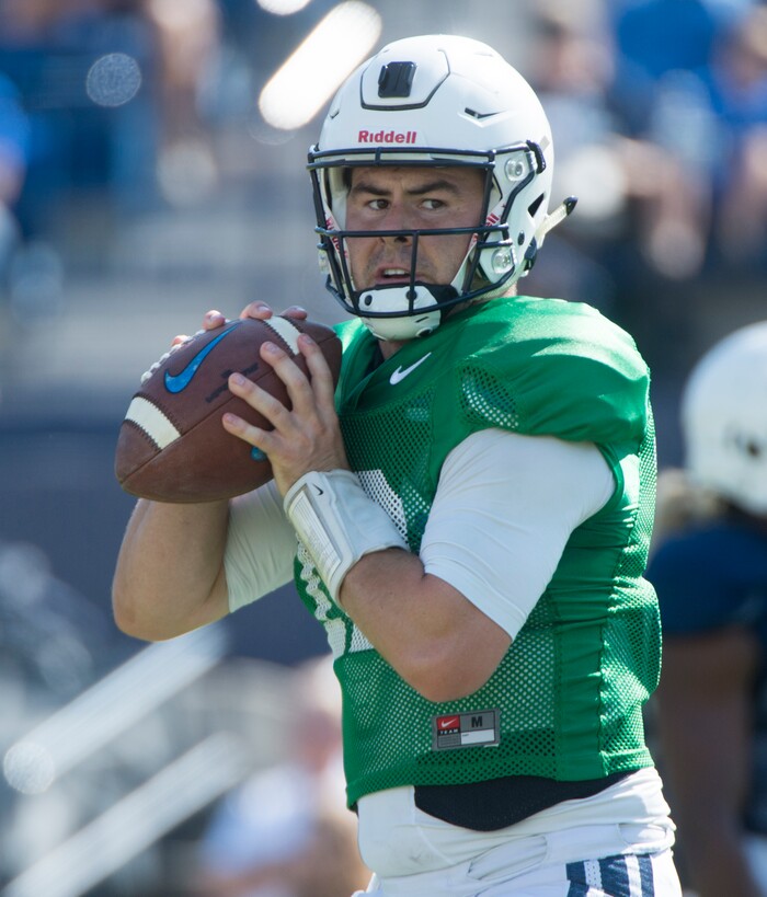 (Rick Egan  |  The Salt Lake Tribune) BYU quarterback, Tanner Mangum (12) runs the offense, during the BYU Cougars public scrimmage at Lavell Edwards Stadium, Thursday, August 17, 2017.