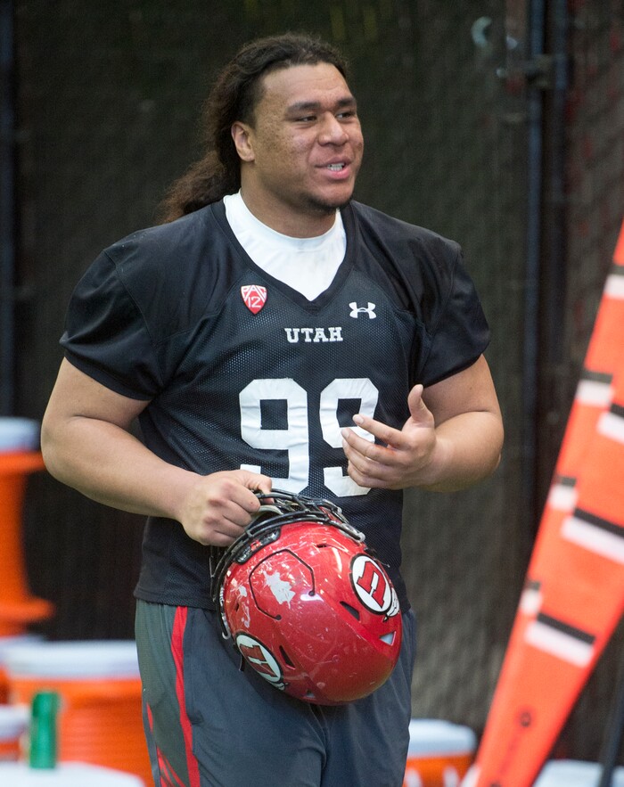 (Rick Egan  |  The Salt Lake Tribune)    defensive lineman Leki Fotu, works out with the team, on the first day of Spring practice, Monday, March 5, 2018.


