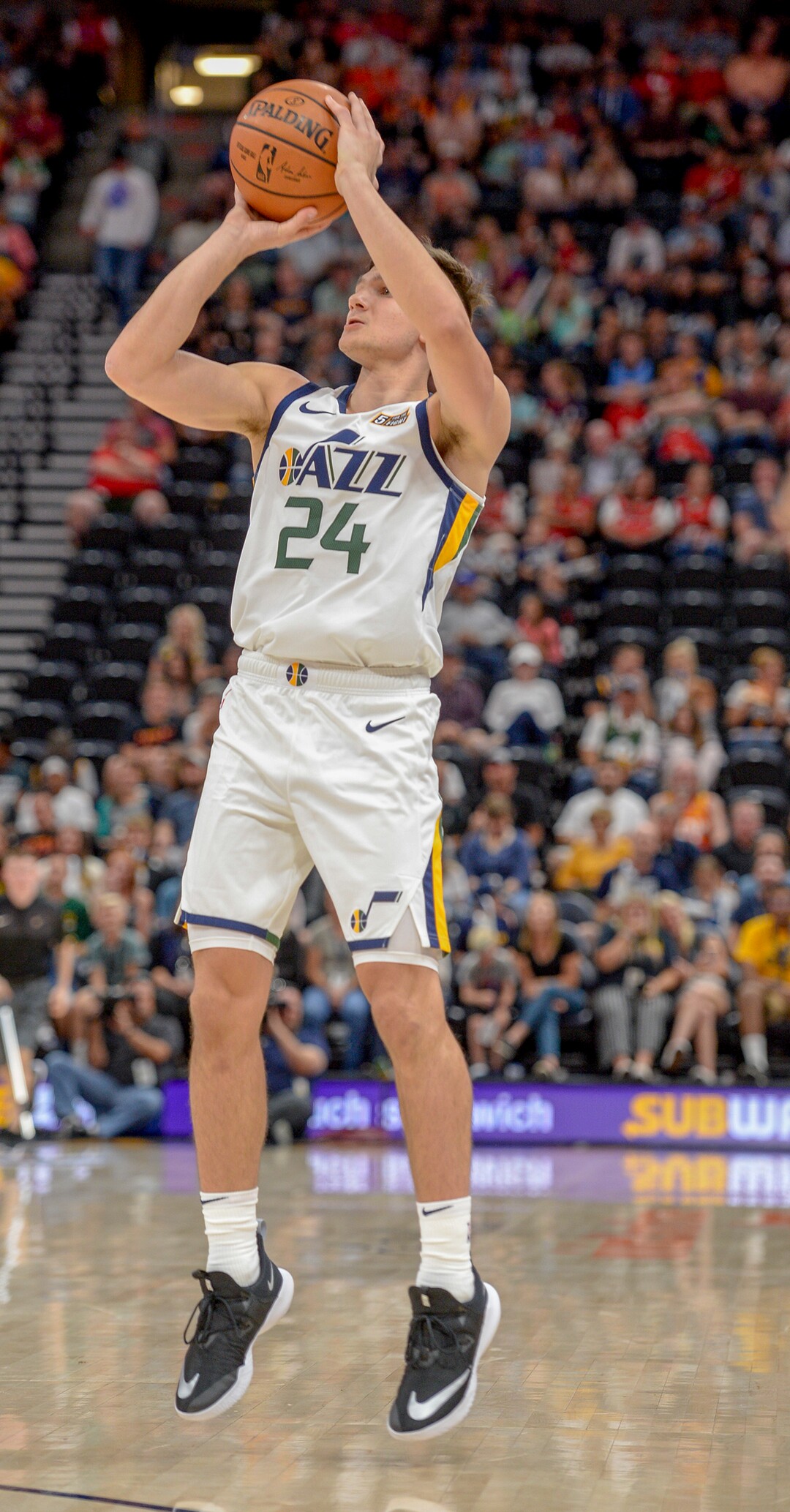 Leah Hogsten  |  The Salt Lake Tribune  Utah Jazz guard Grayson Allen (24) sinks a 3-pointer on his first bucket of the night in the first half as the Utah Jazz host the Perth Wildcats during their preseason game, Sept. 29, 2018 at Vivint Smart Home Arena.