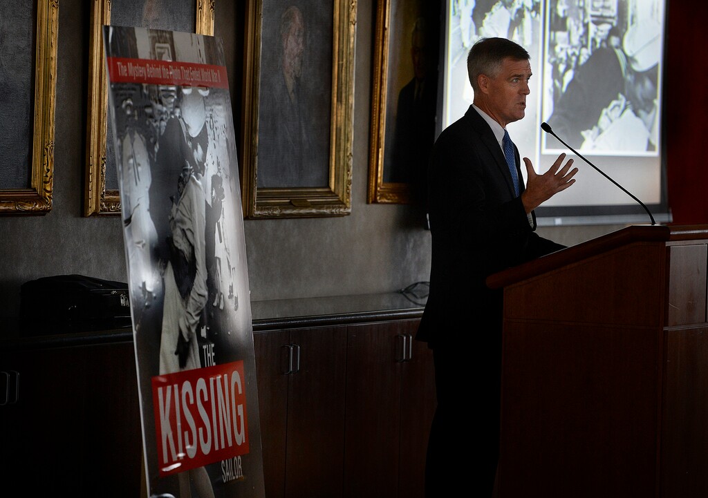 Scott Sommerdorf | The Salt Lake Tribune
Lawrence Verria, author of "The Kissing Sailor: The Mystery Behind the Photo that ended World War II" speaks during Fort Douglas Military Museum's V.J. Day program -- 1945: The Year That Changed The World, Saturday, August 15, 2015. Verria spoke about his book which describes the story behind the exhaustive attempt to verify the two people involved in the famous kiss that took place win Times Square on August 15, 1945.