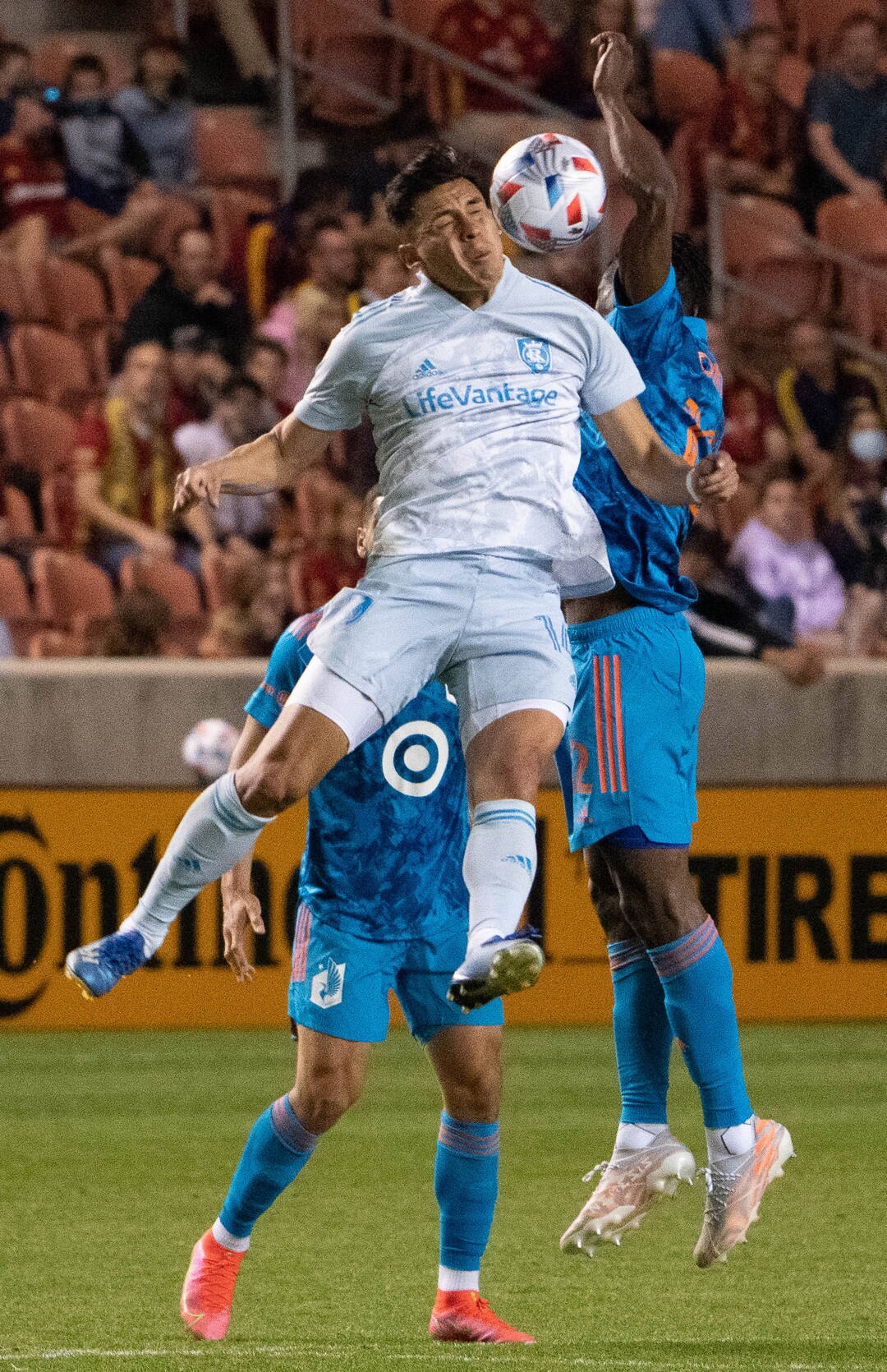 (Francisco Kjolseth | The Salt Lake Tribune) Real Salt Lake forward Rubio Rubin (14) and Minnesota United defender Bakaye Dibassy (12) go for the header in MLS action between Real Salt Lake and Minnesota United FC at Rio Tinto Stadium in Sandy, on Saturday, May 29, 2021.