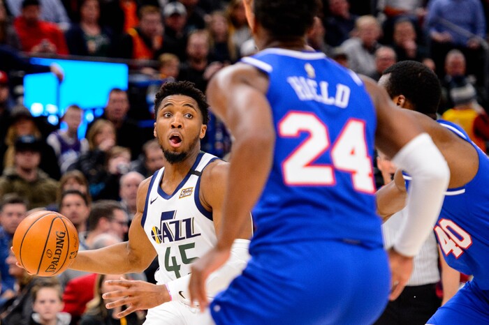 (Trent Nelson  |  The Salt Lake Tribune) Utah Jazz guard Donovan Mitchell (45) as the Utah Jazz host the Sacramento Kings, NBA basketball in Salt Lake City on Saturday, Jan. 18, 2020.