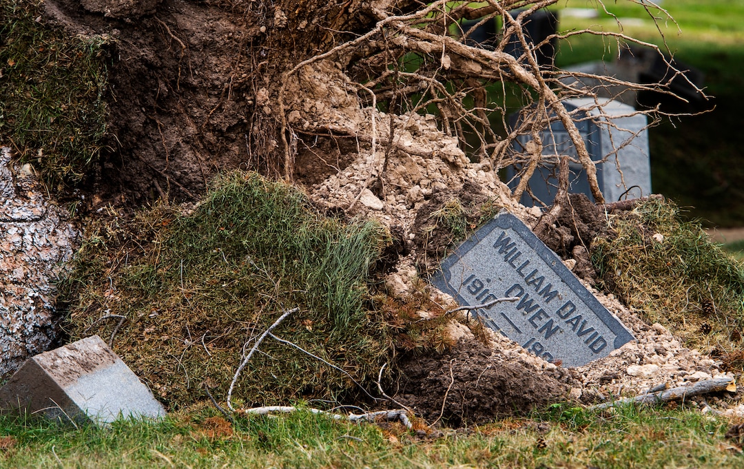(Rick Egan  |  The Salt Lake Tribune)    Hundreds of headstones in the Salt Lake City Cemetery were damages in the recent wind storm, Friday, Sept. 18, 2020.