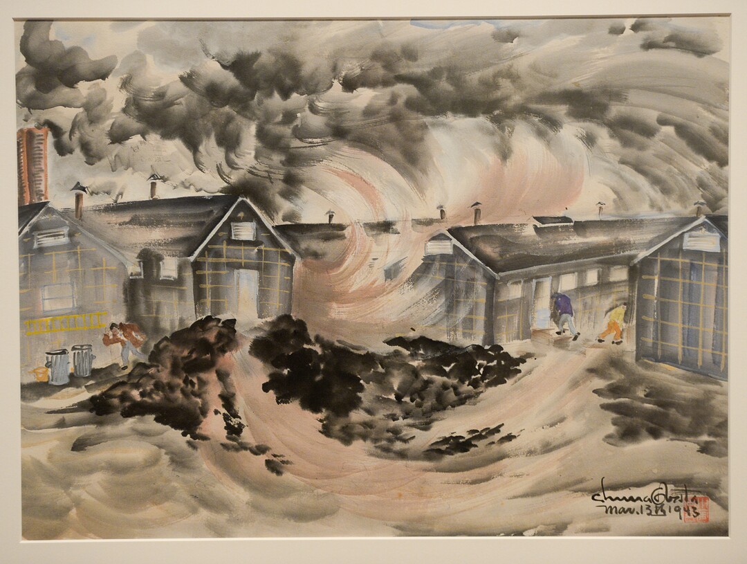(Francisco Kjolseth  |  The Salt Lake Tribune)   The Utah Museum of Fine Art hosts "Chiura Obata: An American Modern," major touring retrospective of Japanese-American artist (1885-1975), whose work captured Western landscapes and his time at the Topaz War Relocation Center (internment camp) during World War II. Exhibit opens Friday, May 25. Pictured is Dust Storm, Topaz, March 13, 1943, Watercolor on paper. 