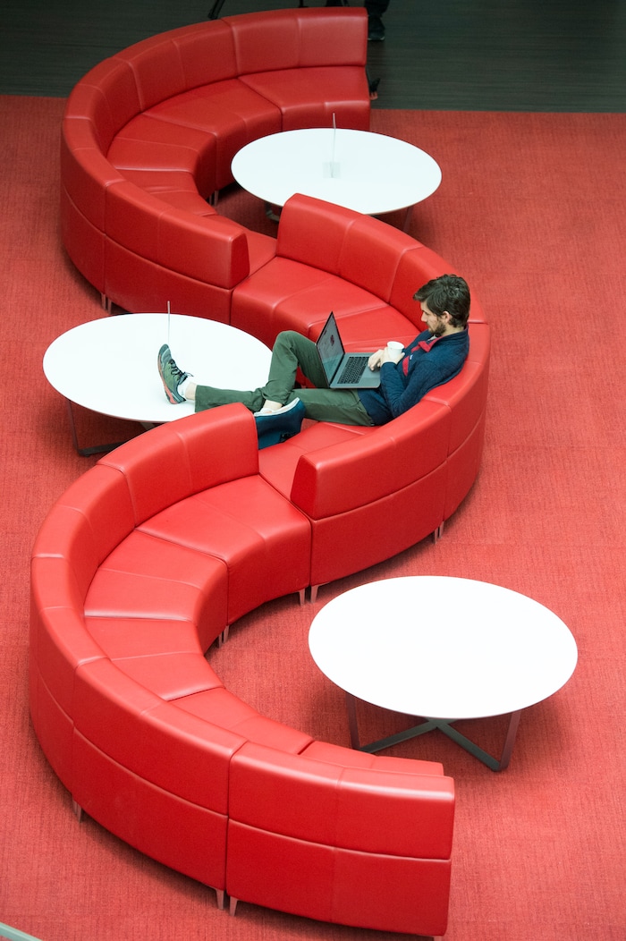 (Rick Egan  |  The Salt Lake Tribune)     Noble Williamson studies at the new Gary and Ann Crocker Science Center on Presidents Circle, at the University of Utah, Thursday, April 19, 2018.


