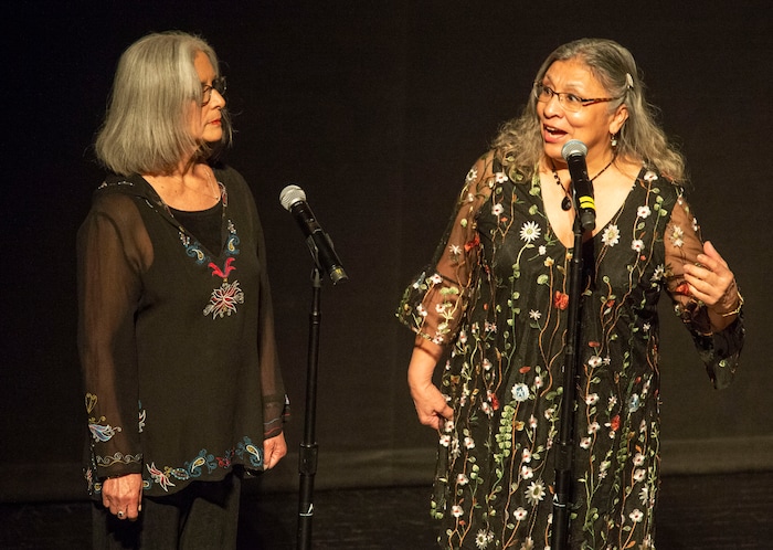 (Rick Egan  |  The Salt Lake Tribune)      Romana Awes and Angela Luckey sing a family musical interlude, at the memorial service for Robert "Archie" Archuleta, at the Rose Wagner Theatre, Saturday, March 2, 2019.


