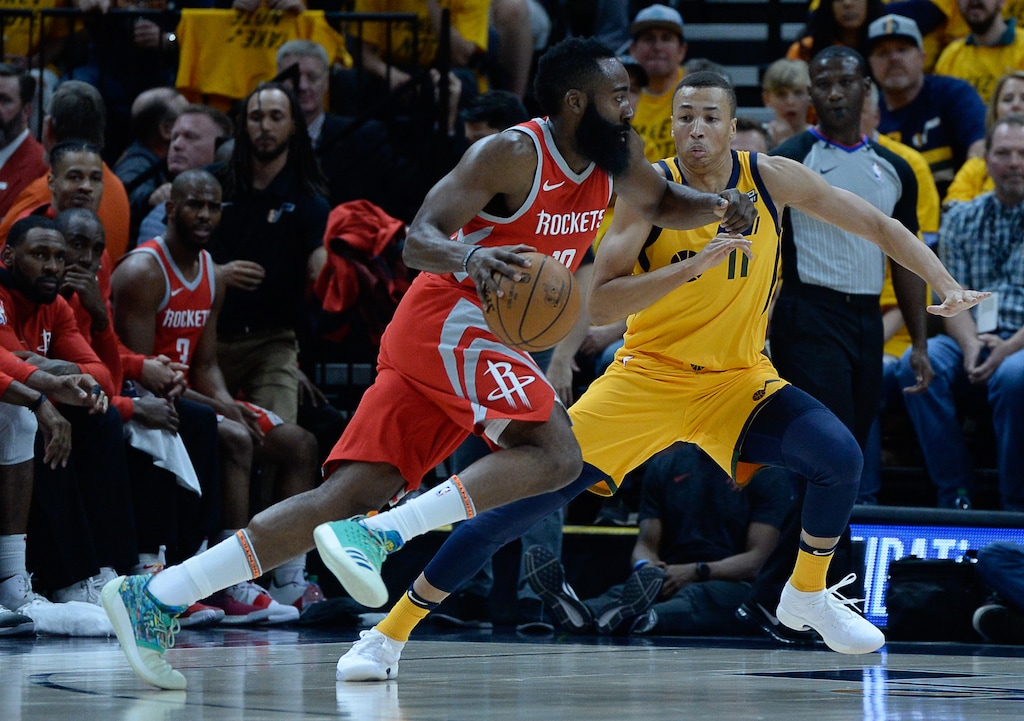 (Francisco Kjolseth  |  The Salt Lake Tribune)  Houston Rockets guard James Harden (13) tries to get past Utah Jazz guard Dante Exum (11) in Game 4 of the NBA playoffs at the Vivint Smart Home Arena Sunday, May 6, 2018 in Salt Lake City.