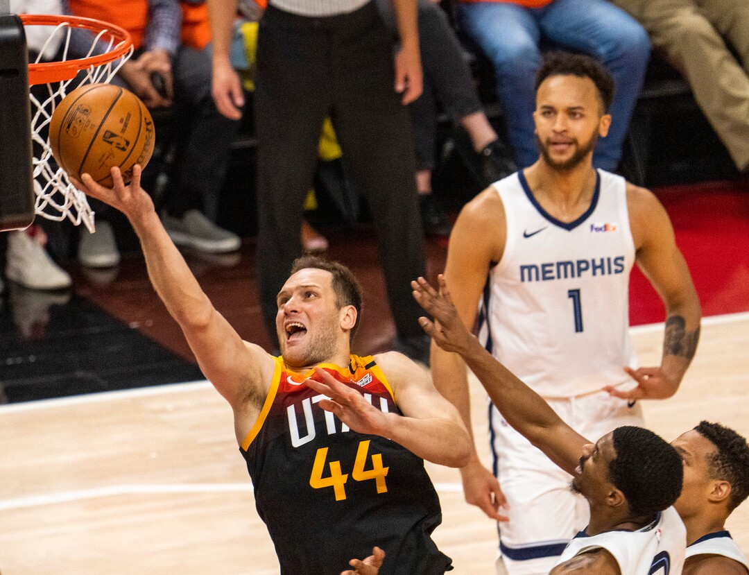 (Rick Egan | The Salt Lake Tribune) Utah Jazz forward Bojan Bogdanovic (44) takes the ball to the hoop, in NBA Playoff game 2, between the Utah Jazz and the Memphis Grizzlies at Vivint Arena, on Wednesday, May 26, 2021.