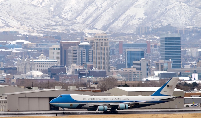 (Steve Griffin  |  The Salt Lake Tribune) Air Force One lands at Salt Lake City International Airport before President Donald Trump's visit to Salt Lake City on Monday, Dec. 4, 2017.