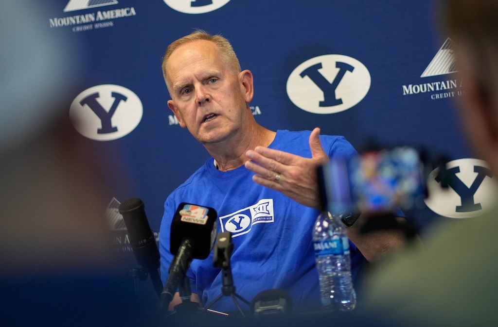 (Francisco Kjolseth | The Salt Lake Tribune) BYU athletic director Tom Holmoe holds a news conference to talk about the school’s entrance into the Big 12 Conference on Saturday, July 1, 2023. At Big 12 media days, Holmoe says he believes the Cougars will be better than 11th in the conference, which is where they have been predicted to finish.