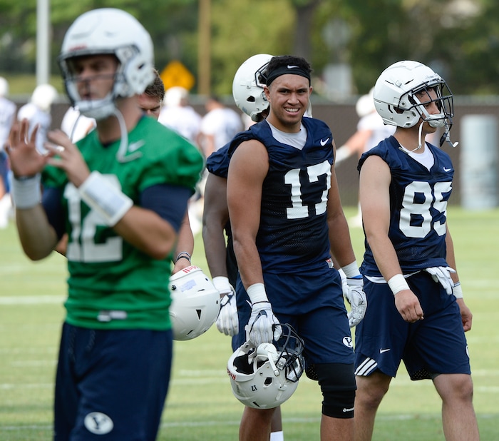 (Francisco Kjolseth  |  The Salt Lake Tribune)  BYU's Moroni Laulu-Pututau joins his team as they open preseason training camp on their practice field on Thursday, Aug. 2, 2018.