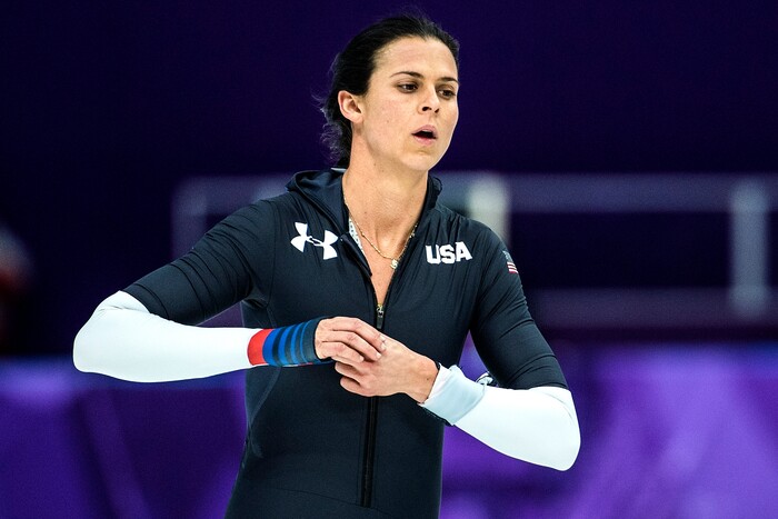 (Chris Detrick  |  The Salt Lake Tribune)  USA's Brittany Bowe reacts after racing Netherlands' Jorien Ter Mors in the Ladies' 1,000m during the Pyeongchang 2018 Winter Olympics Wednesday, Feb. 14, 2018.  Bowe finished in 4th place with a time of 1:14.36.