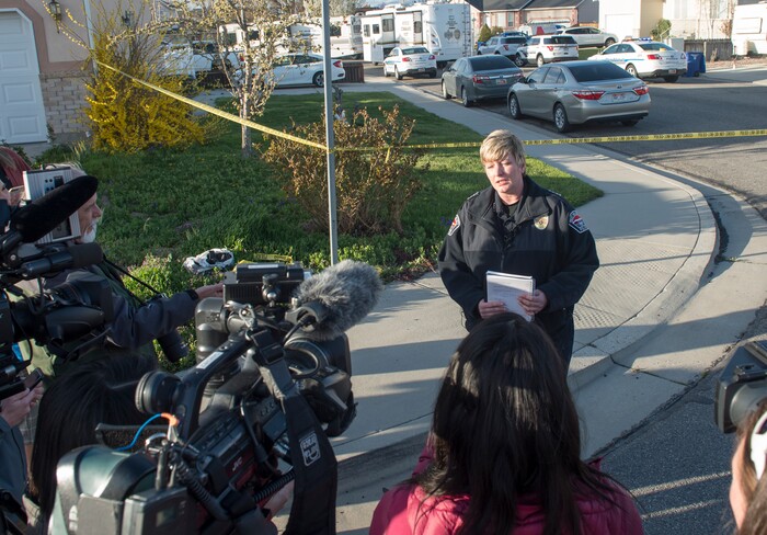 (Rick Egan | The Salt Lake Tribune) West Valley City Police Chief Colleen Jacobs, reads a statement about an officer involved shooting, in which the suspect was killed, in West Valley City, Sunday, April 8, 2018.