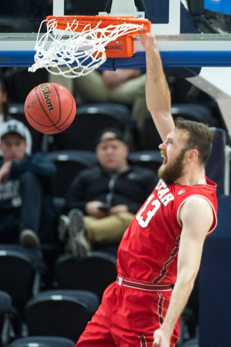(Rick Egan  |  The Salt Lake Tribune)  Utah Utes forward David Collette (13) dunks the ball, in Beehive Classic basketball action at the Vivint SmartHome Arena, Saturday, December 9, 2017.