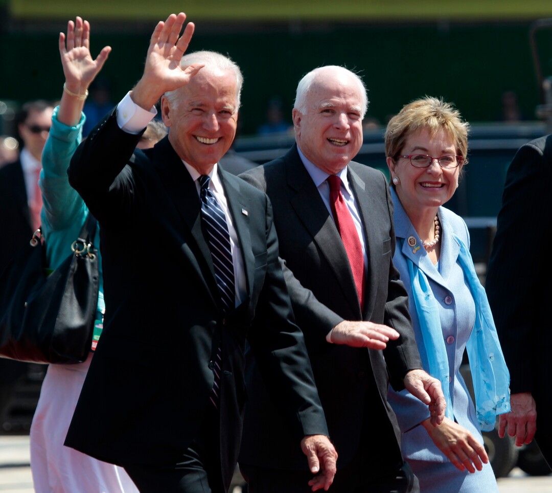 FILE - In this Saturday, June 7, 2014 file photo, from left, U.S. Vice President Joe Biden, U.S. Sen. John McCain, R-Ariz., and Rep. Marcy Kaptur, D-Ohio, attend the inauguration ceremony of Ukraine's new President Petro Poroshenko in Kiev, Ukraine. Kaptur is poised to become the longest-serving female member ever in the U.S. House. The 71-year-old Democrat from Toledo has served in the House since 1983. (AP Photo/Sergei Chuzavkov, File)