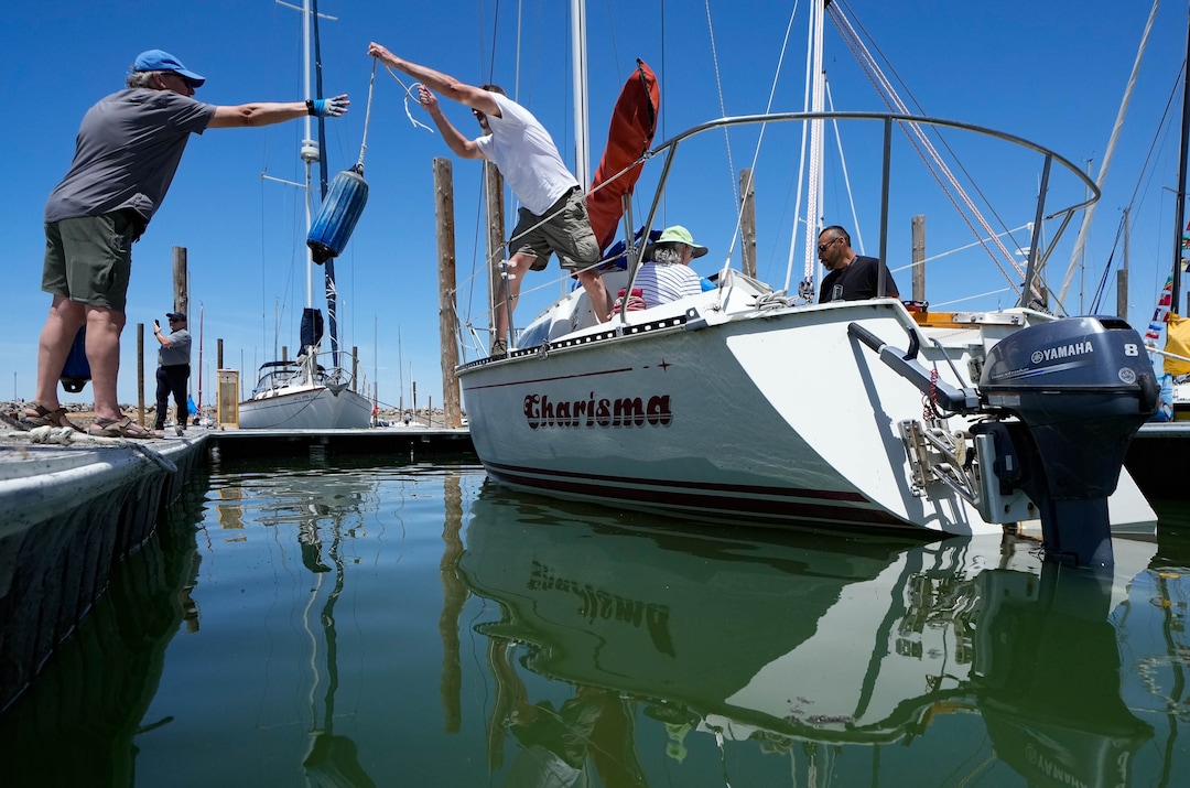 (Francisco Kjolseth  |  The Salt Lake Tribune) Sailboats get ready to depart the Great Salt Lake Marina on Saturday, June 15, 2024, to participate in the first Sailfest regatta following a five-year hiatus because of low lake levels and the pandemic. 