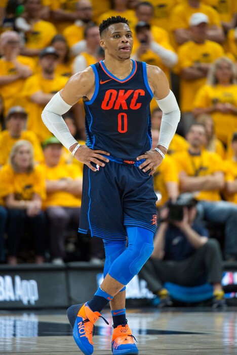 (Rick Egan  |  The Salt Lake Tribune)     Oklahoma City Thunder guard Russell Westbrook (0) rests during break in the action, in game 6, between Utah Jazz and Oklahoma City Thunder in Salt Lake City, Friday, April 27, 2018.