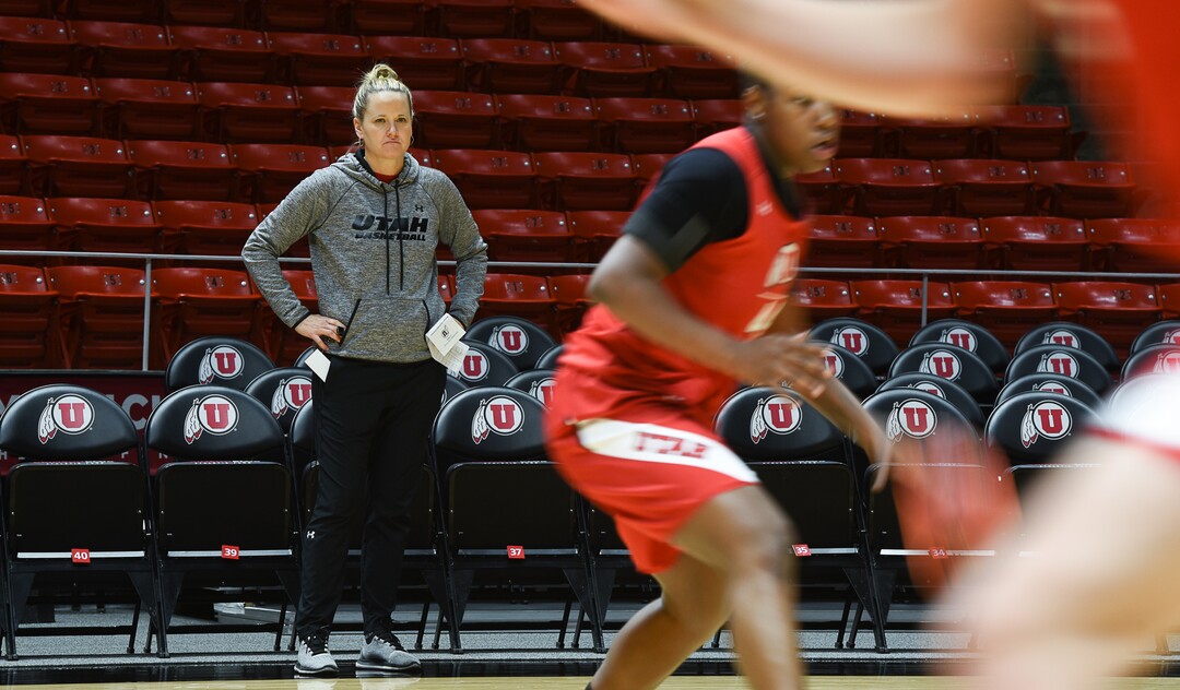 (Francisco Kjolseth  |  The Salt Lake Tribune)  Utah women's basketball head coach Lynne Roberts runs her team through drills during practice at the Jon Huntsman Center on Wed. Jan. 2, 2019, as they prepare for their next game on Friday. The team is having one of the best starts in program history at 12-0.