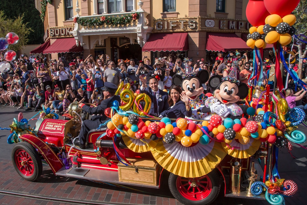 (Photo courtesy Joshua Sudock/Disneyland Resort) Disneyland guests and cast members celebrate Mickey Mouse’s birthday on Nov. 18, 2018, during a festive cavalcade down Main Street, U.S.A.