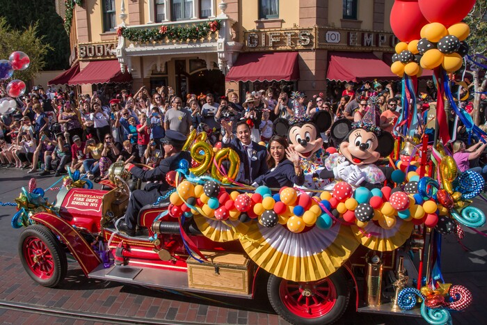 (Photo courtesy Joshua Sudock/Disneyland Resort) Disneyland guests and cast members celebrate Mickey Mouse’s birthday on Nov. 18, 2018, during a festive cavalcade down Main Street, U.S.A.