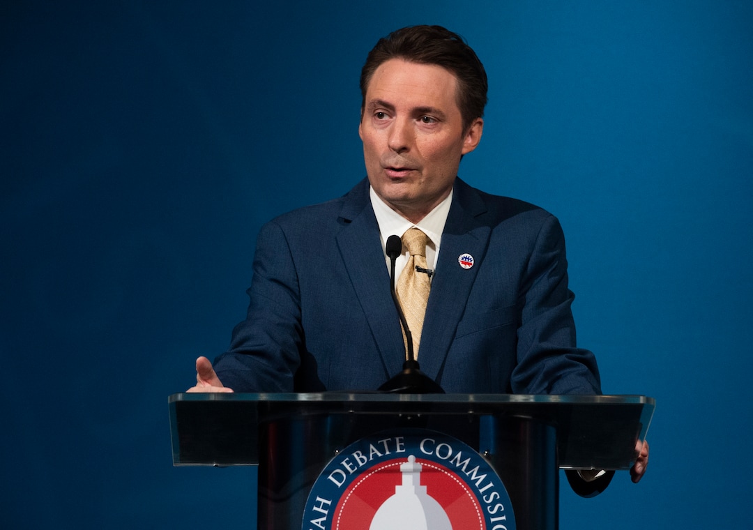 (Rick Egan  |  The Salt Lake Tribune)    J. Robert Latham (L) speaks during the 2nd Congressional District debate between J. Robert Latham (L), Chris Stewart (R) and Kael Weston (D), at KSL Studio in Salt Lake City, on Monday, October 19, 2020