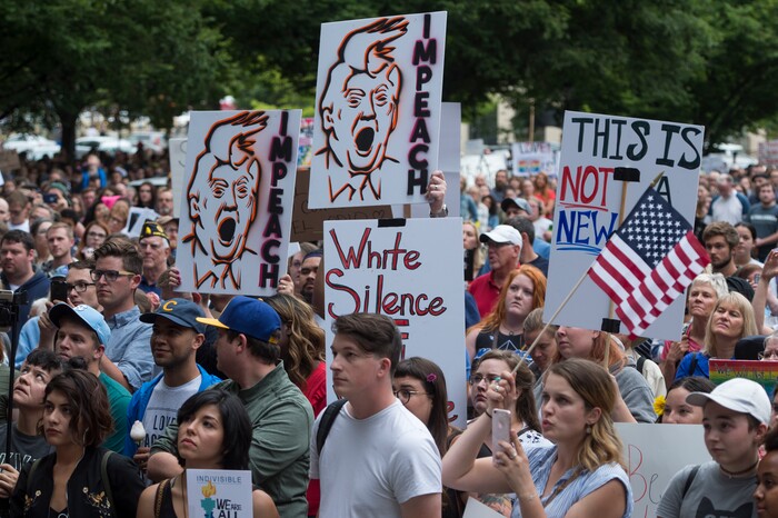 (Rick Egan  |  The Salt Lake Tribune) Crowds gather at the City and County Building for the Charlottesville Va. solidarity rally, hosted by Utah League of Native American Voters, Monday, August 14, 2017.


