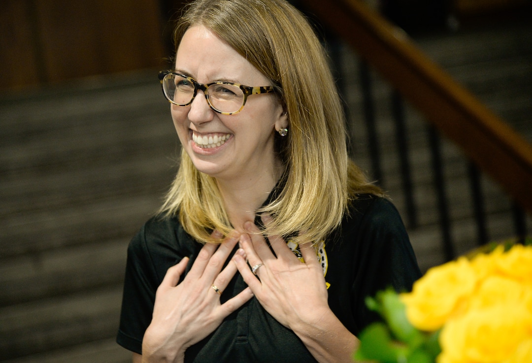 (Francisco Kjolseth  |  The Salt Lake Tribune)  Cottonwood High School English teacher Lauren Merkley is honored and humbled as she is interviewed following her announcement as this year's teacher of the year during the school's pep rally on Friday, Sept. 6, 2019.