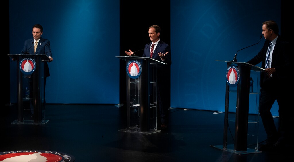 (Rick Egan  |  The Salt Lake Tribune)   Candidates meet for a 2nd Congressional District debate between J. Robert Latham (L), Chris Stewart (R) and Kael Weston (D), at KSL Studio in Salt Lake City, on Monday, October 19, 2020