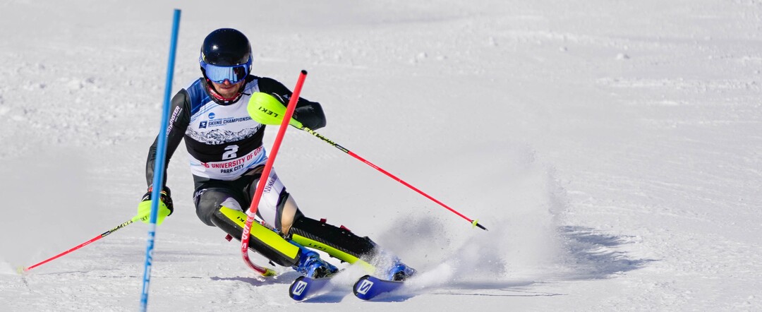 (Francisco Kjolseth | The Salt Lake Tribune) Francesco Gori of Westminster College competes in men’s slalom during the NCAA Skiing Championships held at Park City Mountain Resort on Friday, March 11, 2022, in Park City, Utah.
