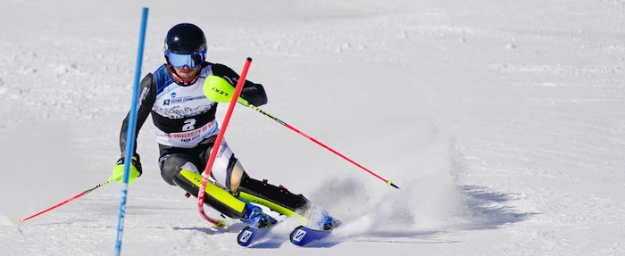(Francisco Kjolseth | The Salt Lake Tribune) Francesco Gori of Westminster College competes in men’s slalom during the NCAA Skiing Championships held at Park City Mountain Resort on Friday, March 11, 2022, in Park City, Utah.