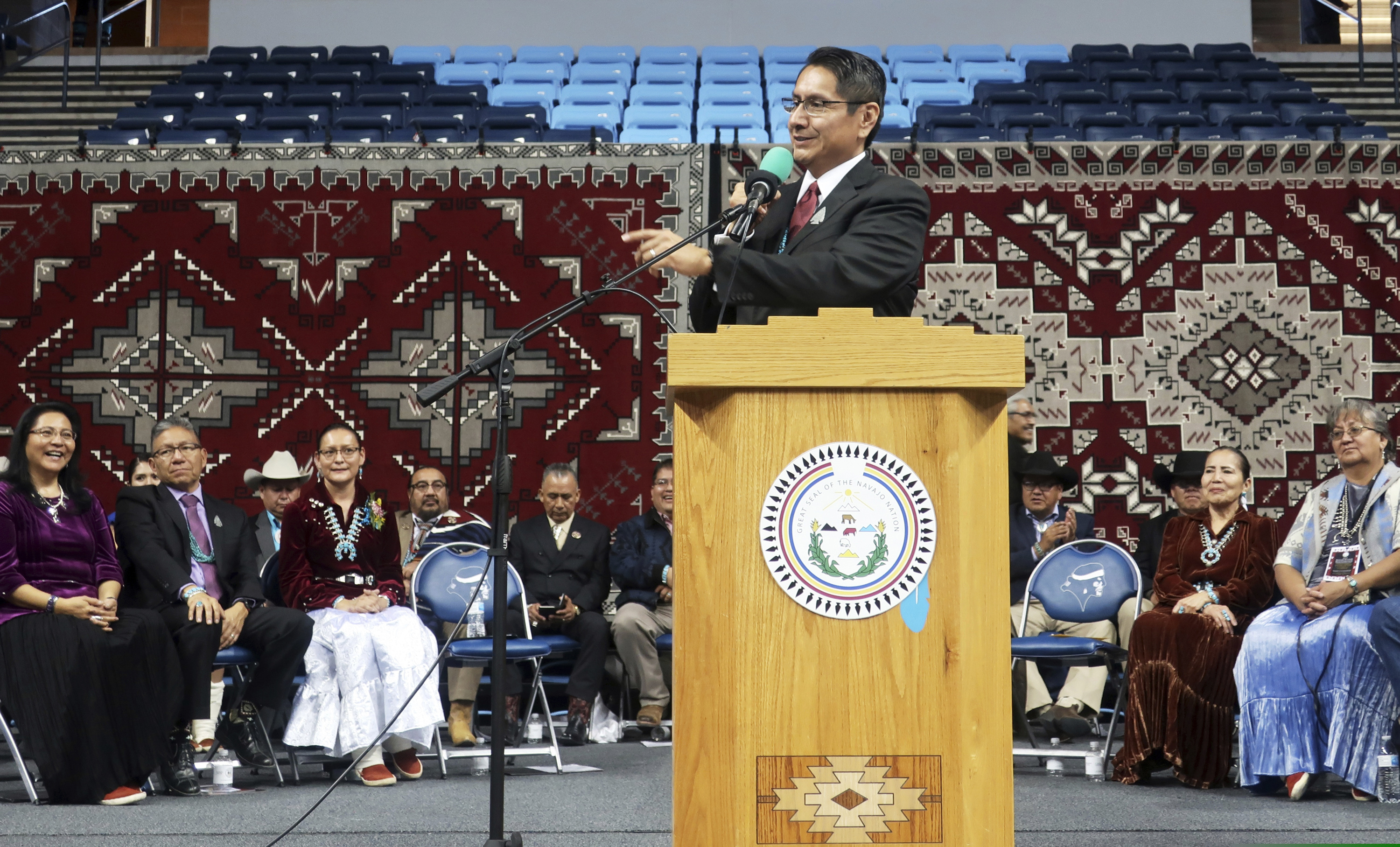 (Felicia Fonseca | The Associated Press) Jonathan Nez addresses a crowd after he's sworn in as president of the Navajo Nation on Tuesday, Jan. 15, 2019 in Fort Defiance, Ariz.