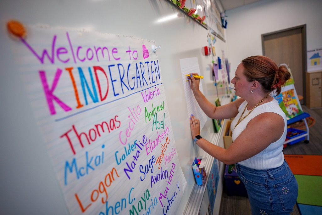 (Trent Nelson | The Salt Lake Tribune) Kindergarten teacher Sarah Turner preps her room at Glacier Hills Elementary in Sandy on Thursday, Aug. 15, 2024. Right now, public education is one of only three things that income tax dollars can be spent on in Utah. Voters will have the option to change that this November.