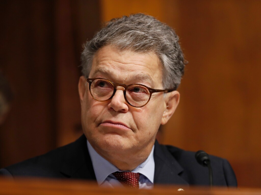 FILE - In this Sept. 20, 2017 file photo, Sen. Al Franken, D-Minn., listens during a Senate Judiciary Committee hearing for Colorado Supreme Court Justice Allison Eid, on her nomination to the U.S. Court of Appeals for the 10th Circuit, on Capitol Hill in Washington. Franken is accused of forcibly kissing a woman while rehearsing for a 2006 USO tour; Franken also was photographed with his hands over her breasts as she slept wearing a flak vest. He has apologized, while maintaining that he remembered the rehearsal differently.  (AP Photo/Alex Brandon, File)