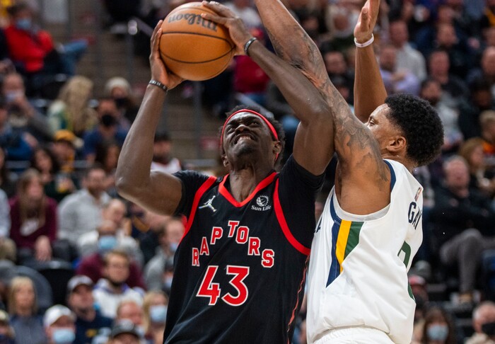 (Rick Egan | The Salt Lake Tribune) Toronto Raptors forward Pascal Siakam (43) takes a shot, as Utah forward Rudy Gay (8) defends for the Jazz, in NBA action between Utah Jazz and Toronto Raptors, at Vivint Arena, in Salt Lake City, on  Thursday, Nov. 18, 2021.