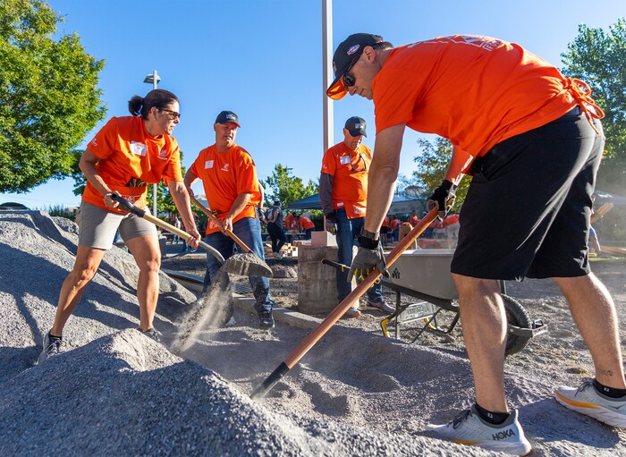 (Rick Egan | The Salt Lake Tribune) More than 600 volunteers, led by Home Depot employees, help spruce up the Sunrise Metro and Freedom Landing apartments in Salt Lake City on Wednesday, Sept. 21, 2022.