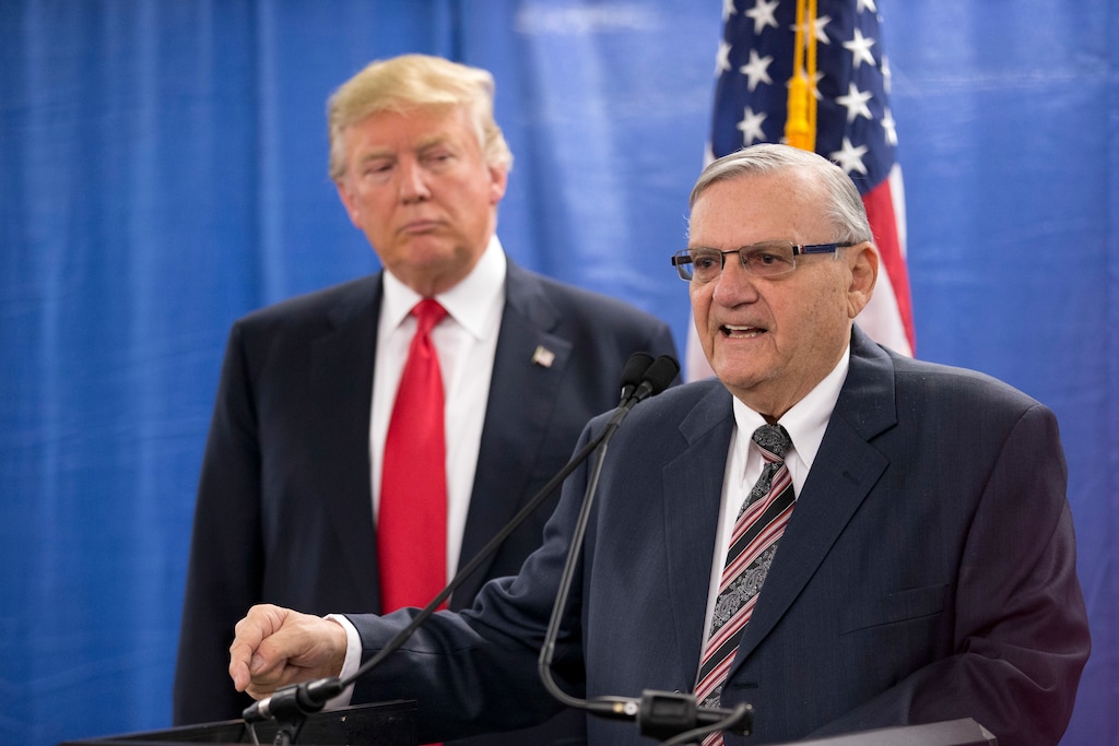 FILE--In this Jan. 26, 2016, file photo, Republican presidential candidate Donald Trump, left, is joined by Maricopa County, Ariz., Sheriff Joe Arpaio during a news conference at the Roundhouse Gymnasium in Marshalltown, Iowa. (AP Photo/Mary Altaffer, file)