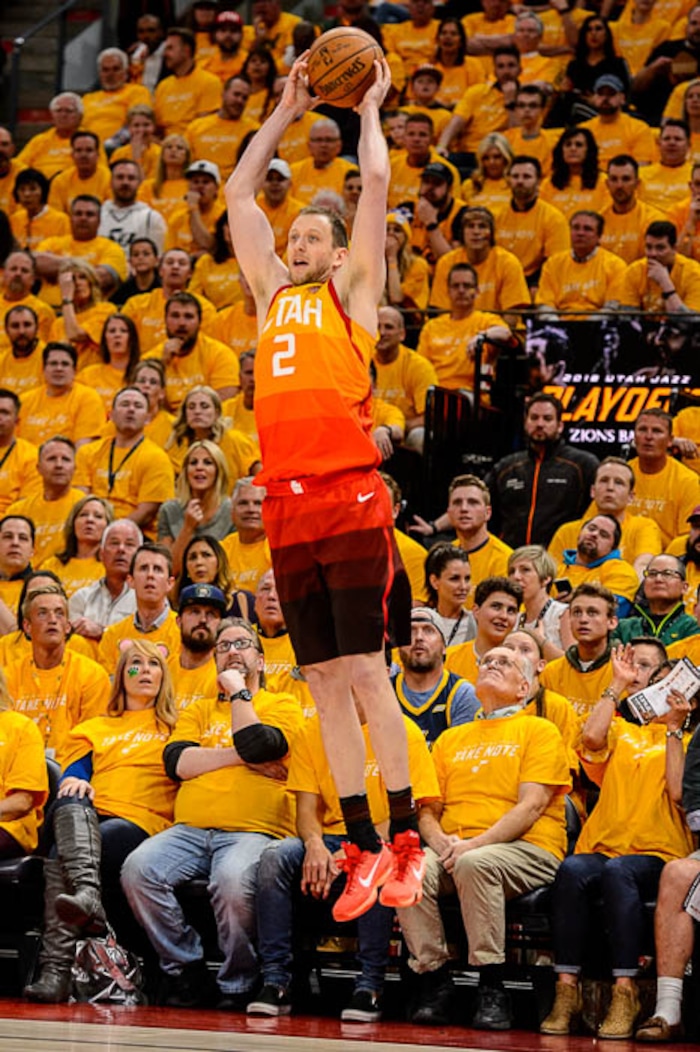 (Trent Nelson | The Salt Lake Tribune)  
Utah Jazz host the Oklahoma City Thunder, Game 3, NBA playoff basketball in Salt Lake City, Saturday April 21, 2018. Utah Jazz forward Joe Ingles (2).
