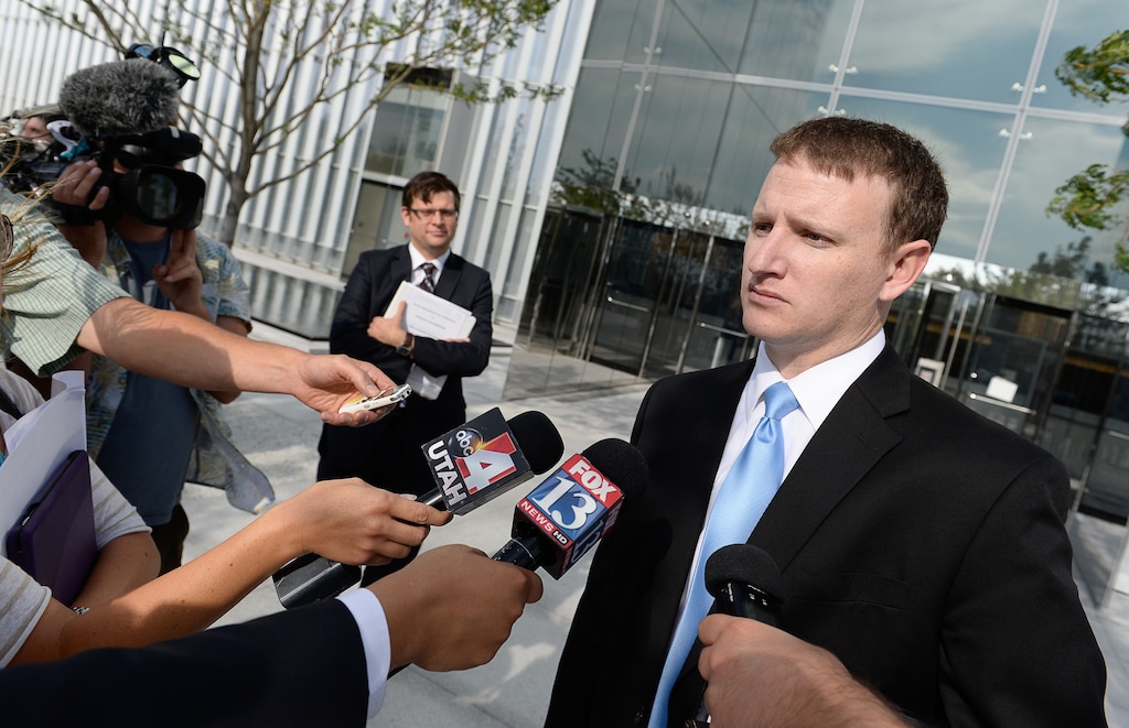 Francisco Kjolseth  |  The Salt Lake TribuneDaniel Widdison with the Utah Attorney's Office emerges from Federal court where atorneys for the national nonprofits Animal Legal Defense Fund (ALDF) and People for the Ethical Treatment of Animals (PETA) are fighting UtahÕs motion to dismiss the groupsÕ lawsuit, which challenges the constitutionality of UtahÕs controversial ag gag law.