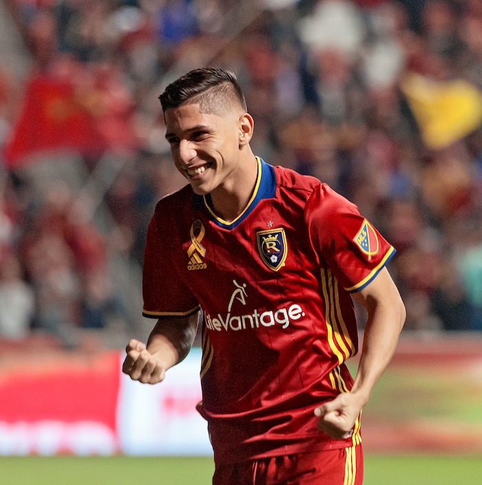 (Michael Mangum  |  Special to the Tribune)  Real Salt Lake forward Jefferson Savarino (7) celebrates his second half goal during their MLS match against the Portland Timbers at Rio Tinto Stadium in Sandy, UT on Saturday, September 16, 2017.