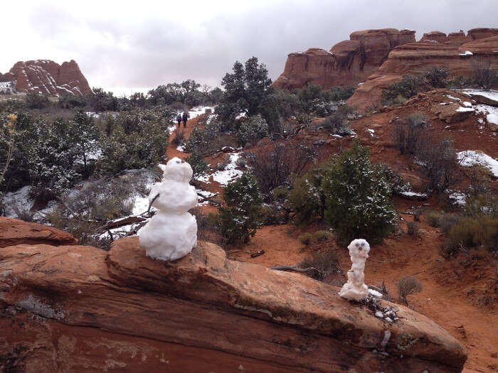 (Erin Alberty | The Salt Lake Tribune) Snowmen greet hikers on the Broken Arch Trail Nov. 30, 2015 in Arches National Park.