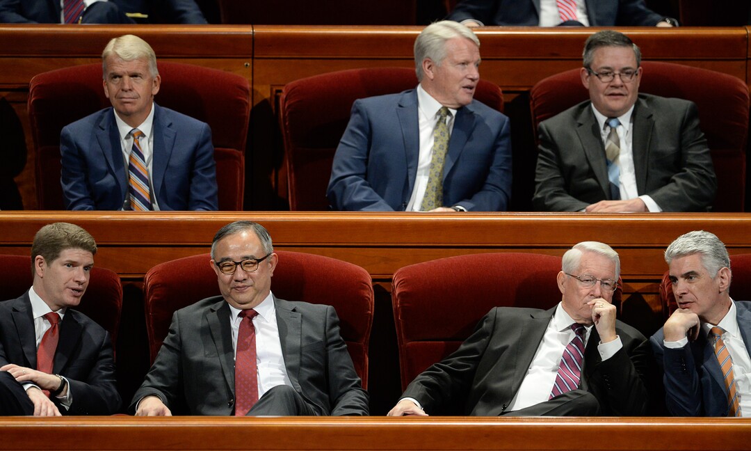(Francisco Kjolseth  |  The Salt Lake Tribune)  Church leaders converse before the start of the Sunday afternoon session of the 189th twice-annual General Conference of The Church of Jesus Christ of Latter-day Saints at the Conference Center in Salt Lake City on Sunday, Oct. 6, 2019.