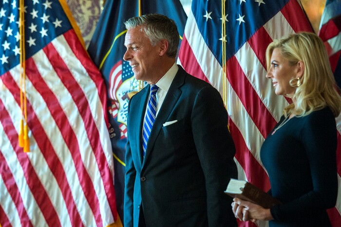 (Chris Detrick  |  The Salt Lake Tribune)  Jon M. Huntsman, Jr., U.S. Ambassador to Russia, and his wife Mary Kaye Huntsman during an Ambassadorial Swearing in Ceremony at the Utah Capitol Saturday, October 7, 2017. 