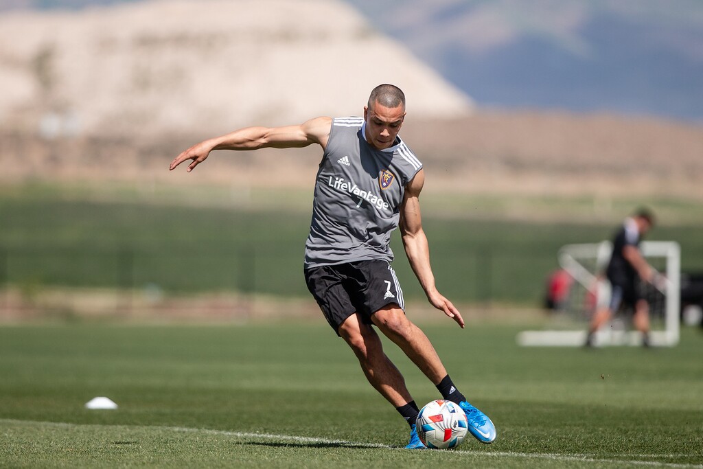 (Photo courtesy of Real Salt Lake) Bobby Wood kicks a ball during a recent training session. Wood recently arrived in Salt Lake City and says he already feels acclimated to his new coaches and teammates.