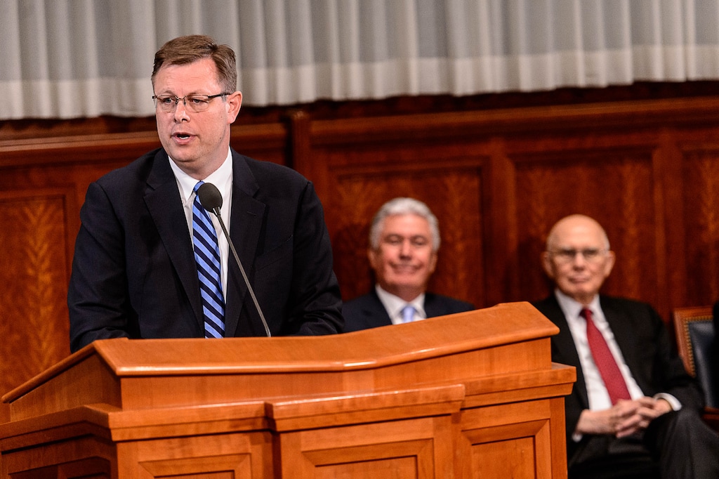 Trent Nelson | The Salt Lake Tribune
Clark Gilbert speaks at a news conference announcing the LDS Church's new education program BYU Pathway Worldwide, which he will run, in Salt Lake City, Tuesday February 7, 2017. At right rear are church leaders Dieter F. Uchtdorf and Dallin H. Oaks.