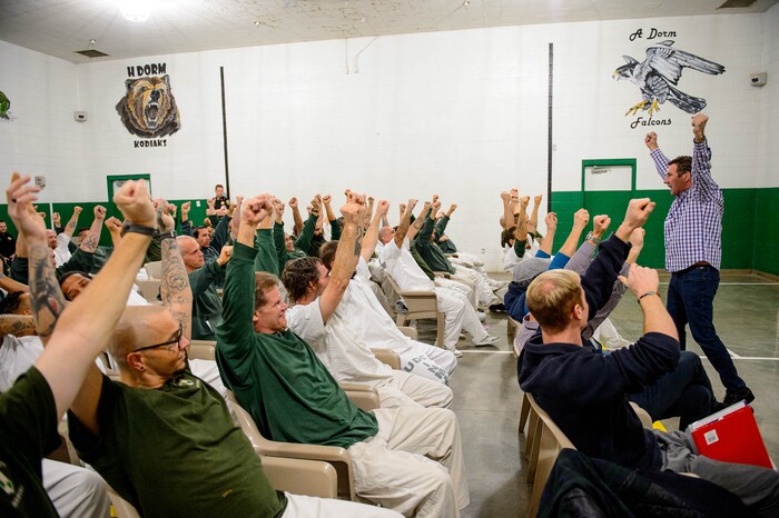 (Trent Nelson | The Salt Lake Tribune)
Bob Kitttell gives a motivational talk at a meeting of the New Visions Speech Club at the Utah State Prison's Promontory facility in Draper on Tuesday Dec. 3, 2019.
