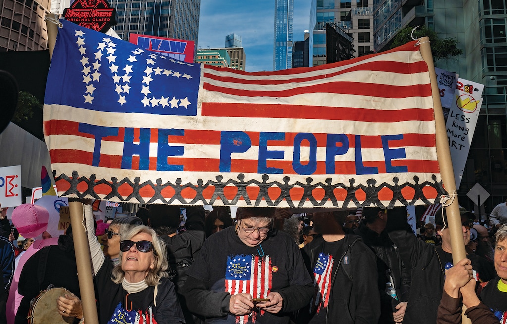 Protesters during the No Kings Day protest in New York on Saturday, Oct. 18, 2025. (Alexander Coggin/The New York Times)
