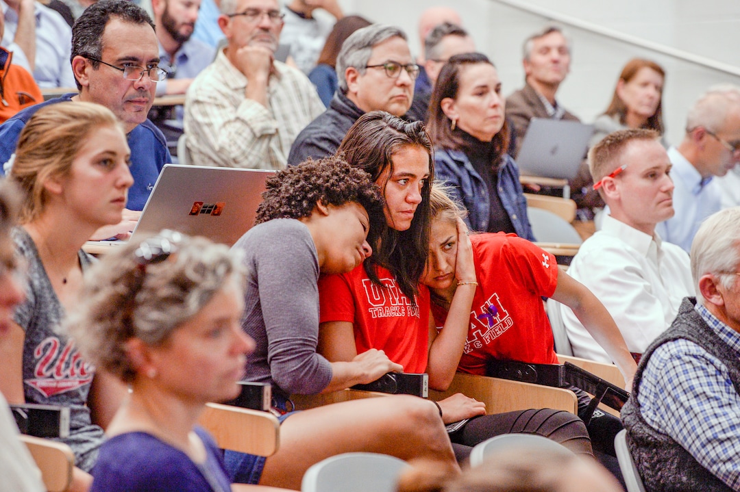 (Leah Hogsten  |  The Salt Lake Tribune) l-r University of Utah track and field alumni Alissa Atisme, freshman Ally Gomm and senior Brooke Martin console each other during the academic senate meeting Sept. 30, 2019 at the Henry Erying Building on campus.